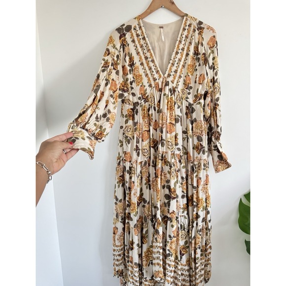 Free People Dress Rows of Roses Long Sleeve Boho Maxi Dress Women's Oversized - Picture 13 of 13